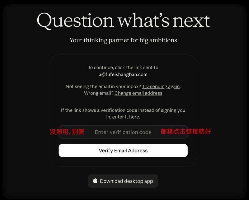 Claude 验证码页面示例: 验证码框没用, 去邮箱点链接