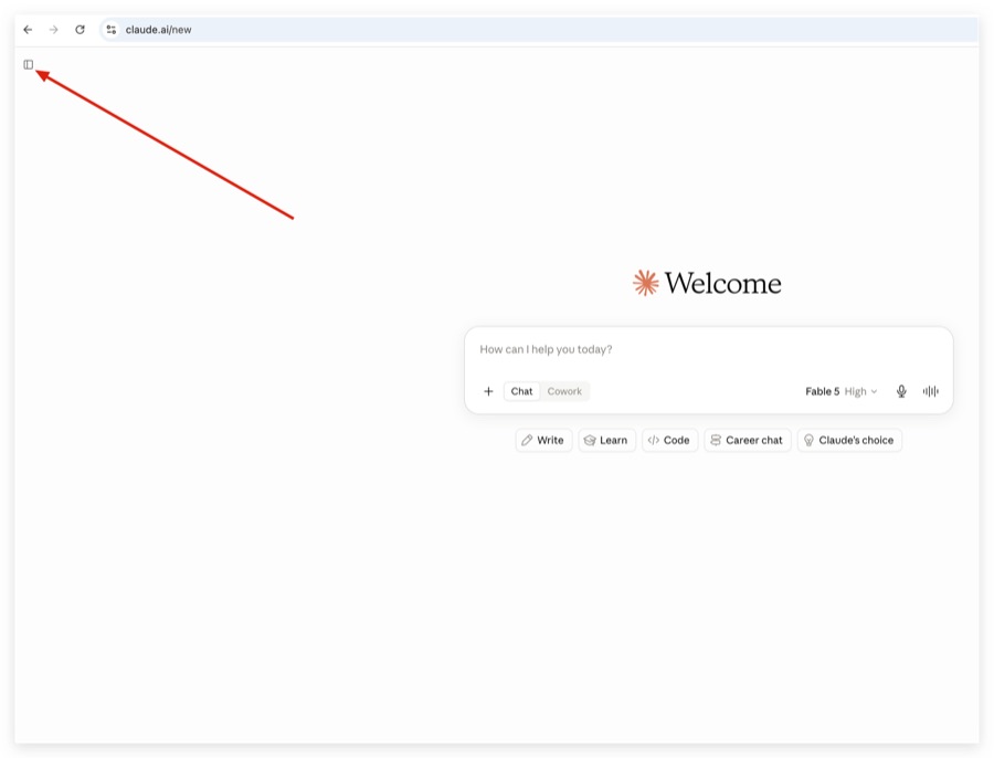 Claude 登录后的 Welcome 首页示例: 左上角图标可展开侧边栏